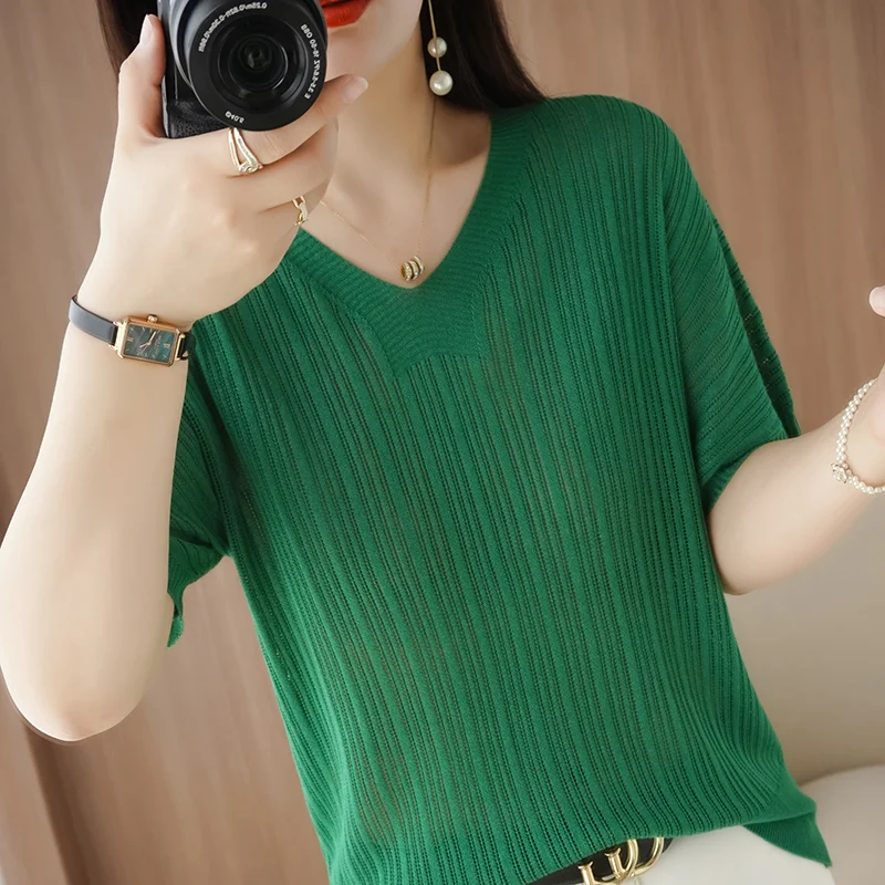 

V-neck ice silk short sleeved t-shirt for women's summer 2024 new front shoulder thin knit sweater T-shirt short versatile top ﻿