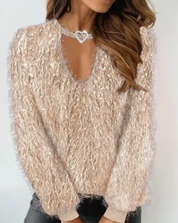 Eleganckie topy damskie 2024 Jesień Nowość w koszuli Casual Heart Buckled V-Neck Fluffy Sequin Ribbon Top Long Sleeve Daily Blouses