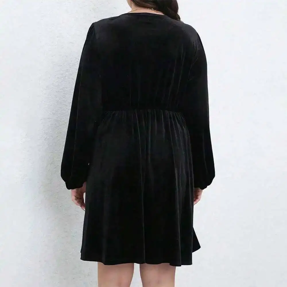 

Plus Size Temperament 2025 Commuting Women's Lantern Sleeves Autumn and Winter Waist Cinched V-neck Feminine Design Sense Y2k