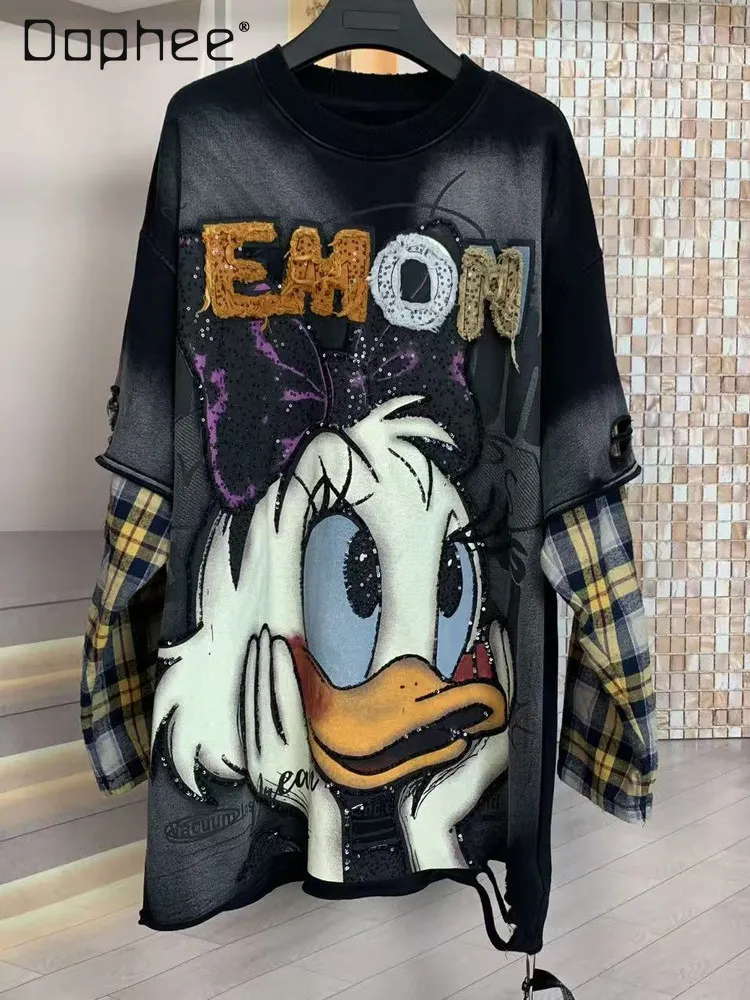 

Trendy Autumn Winter New Embroidered Cartoon Duck Round Neck Oversized Plaid Long Sleeve Patchwork Mid-Length T-Shirt for Women