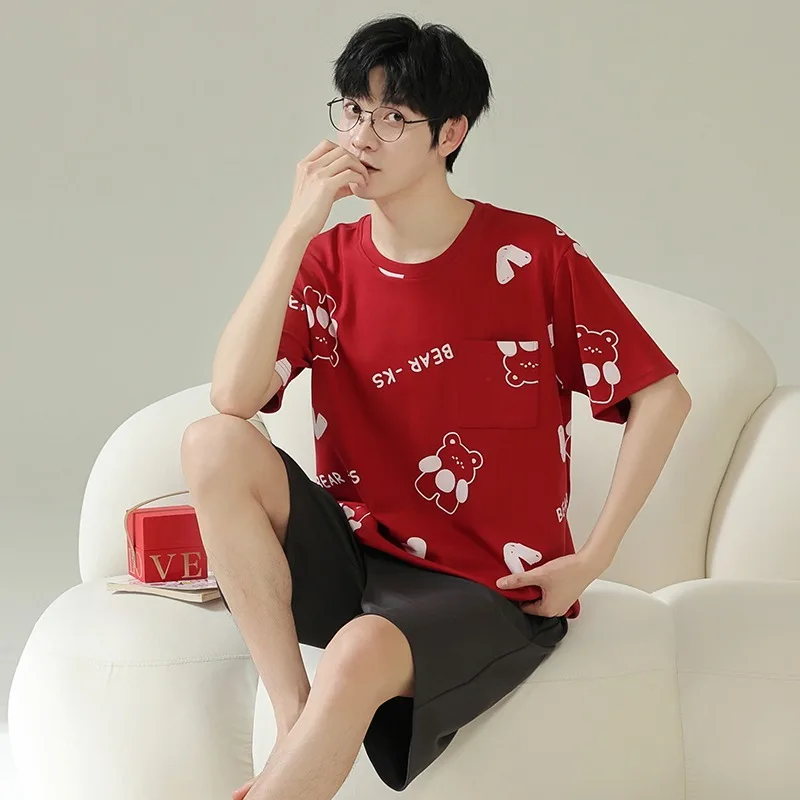 High Quality Fashion Design Cotton Pajamas Suit Men Thin Summer Short Sleeved Shorts Home Clothing Loose Sleepwear Set Male