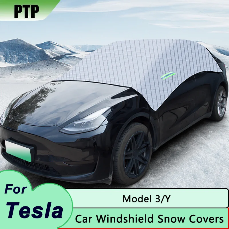 Car Windshield Covers for Tesla Model 3/Y Outdoor Snow Shield Winter Snowproof Half Car Cover Anti-Frost Cover Windproof Strap