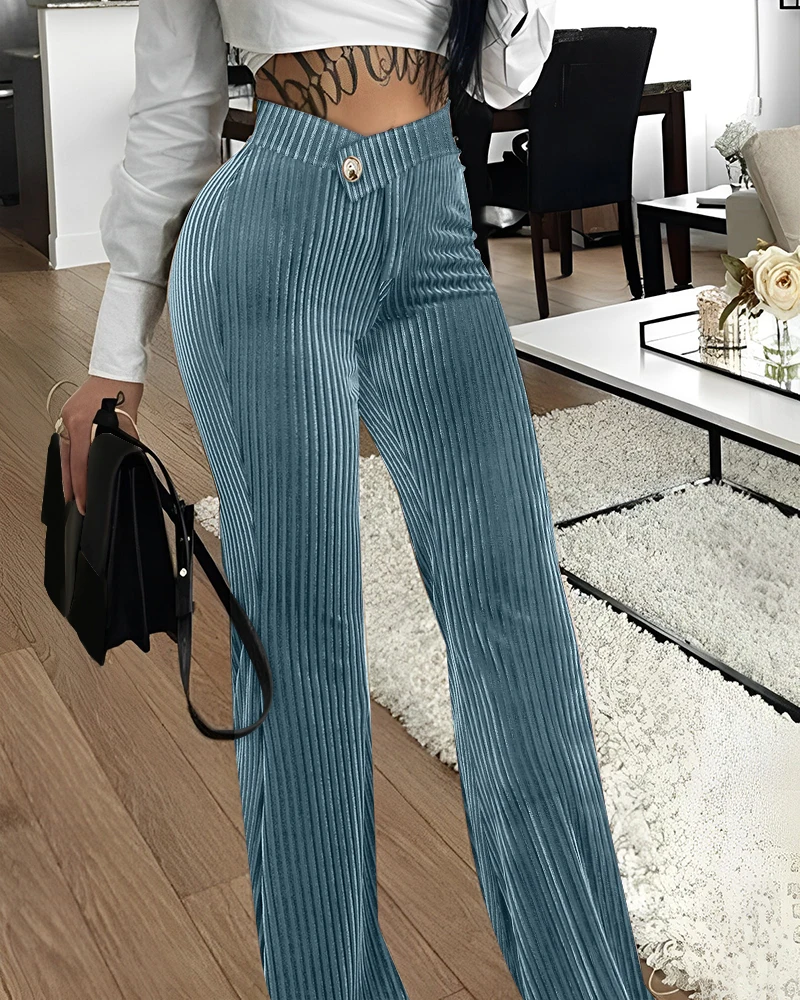 Casual High-Waist Corduroy Pants with Asymmetric Velvet Waistband