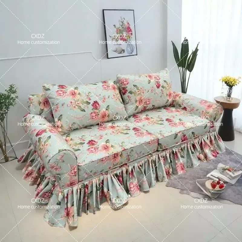 Retro Cotton Linen Printed Sofa Pastoral Peony Small Floral High End Straight Skirt Design Couch for Living Room Furniture