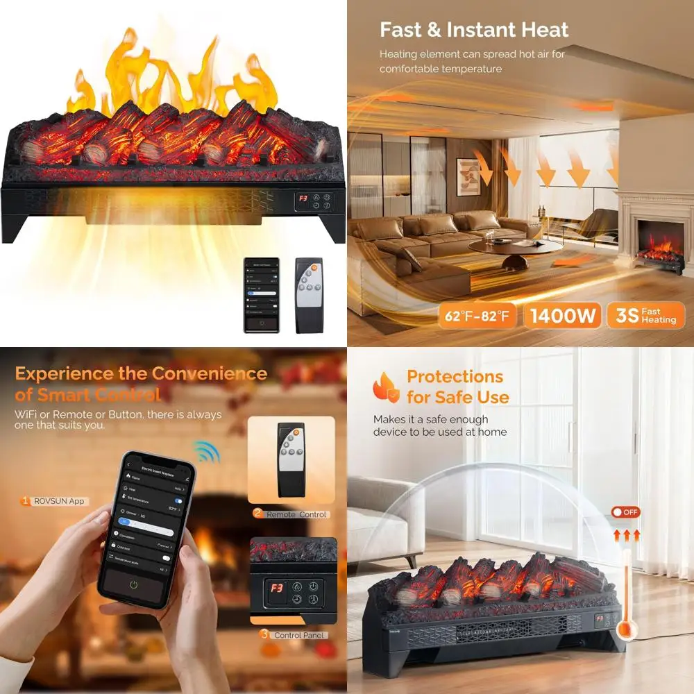 

26 Electric Log Fireplace with Remote & WiFi, Adjustable Flame, Timer, Overheat Protection