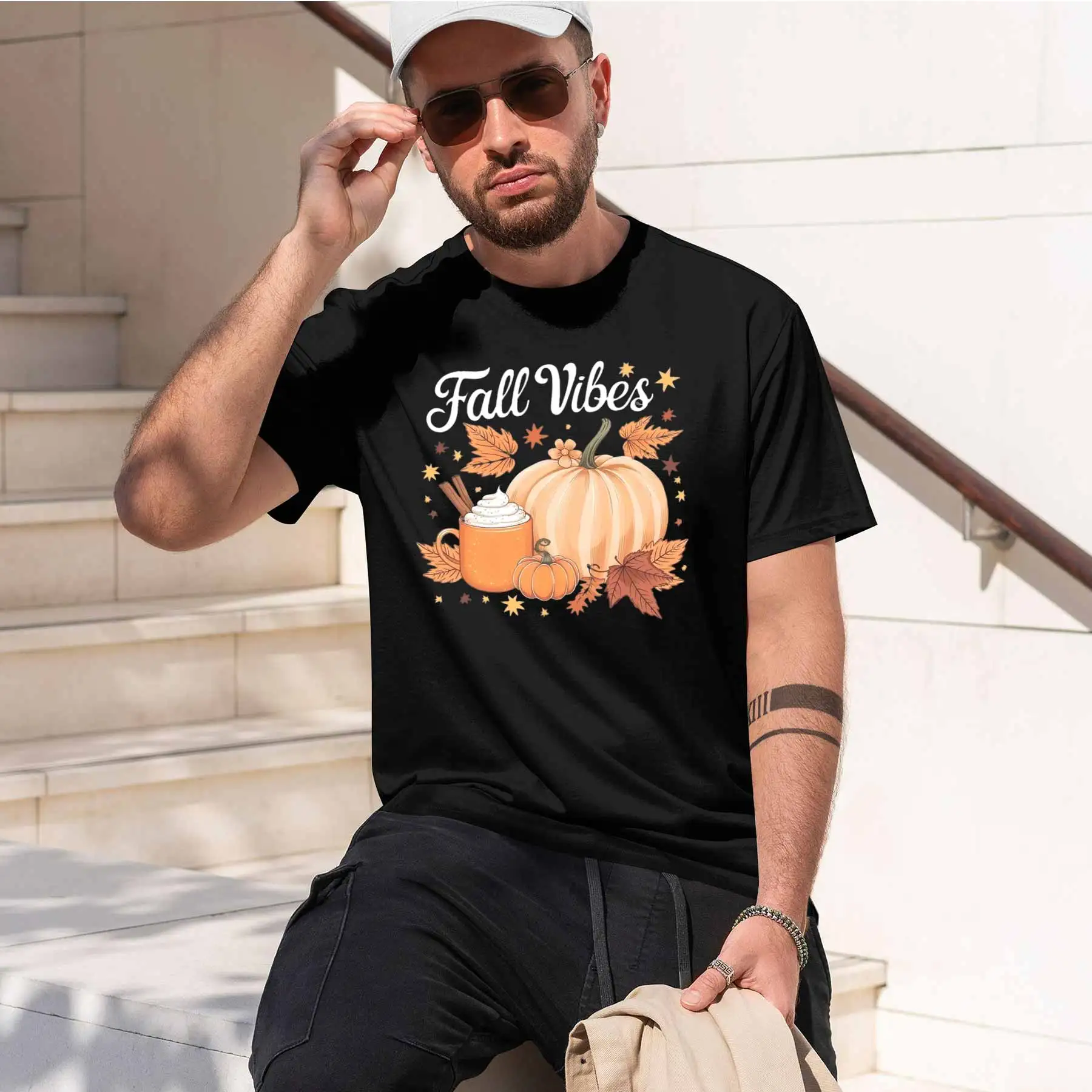 new printed T-shirt printed with  Men's Casual T-Shirt Autumn Pumpkin & Spiced Drink Graphic Print Tees