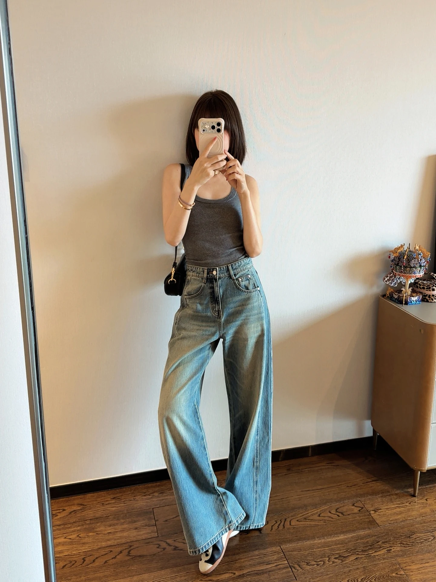 

Женские джинсы с высокой талией и широкими штанинами из чистого хлопка, прямые, весенняя новинка, универсальные, оригинальный материал ASBR C