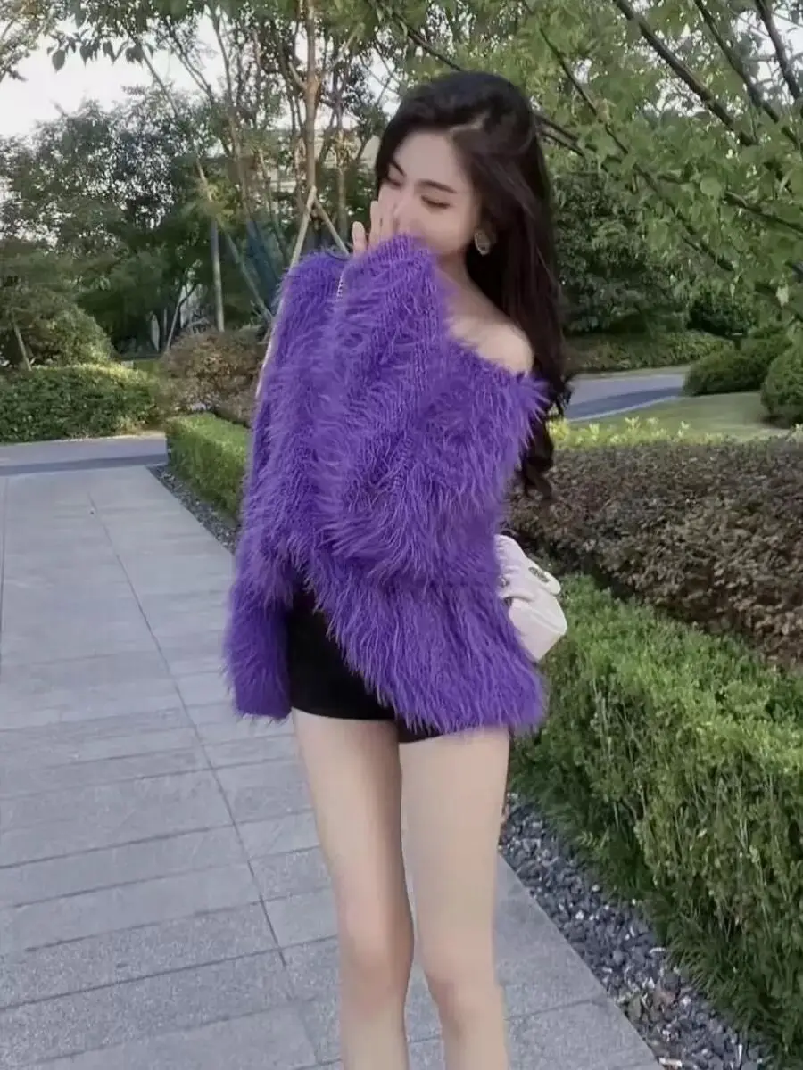 セクシーな紫色のニット肩出しファーセーター秋冬通勤スリーブロングスリーブラウンドネックミドル丈コート