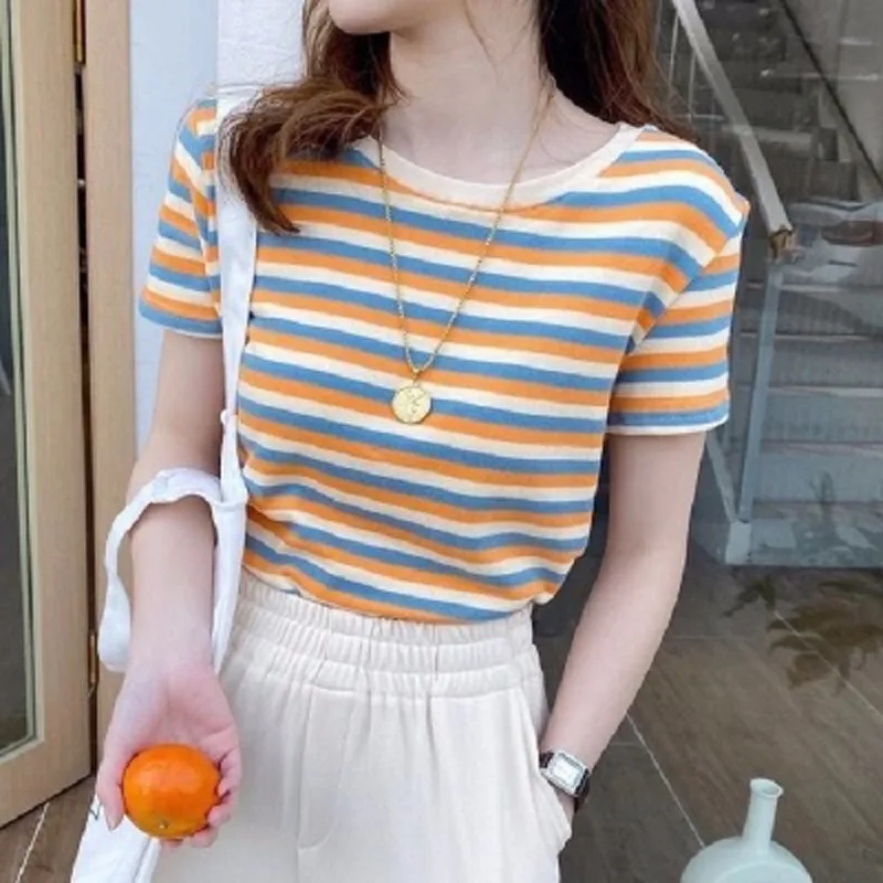 Damen Frühling Sommer Retro Gestreiftes Kurzarm-T-Shirt Mädchen Studentin Rundhals-Basisshirt Lässiges Studenten-Oberteil T-Shirt