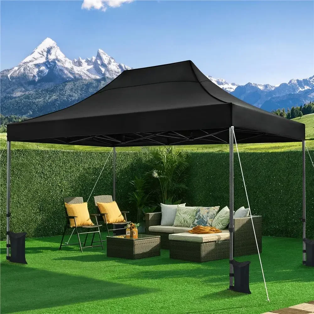 15x10 FT Height-adjustable Pop-up Canopy Tent Black Roller Bag Sandbags Commercial Use Water-resistant UPF 50  protection