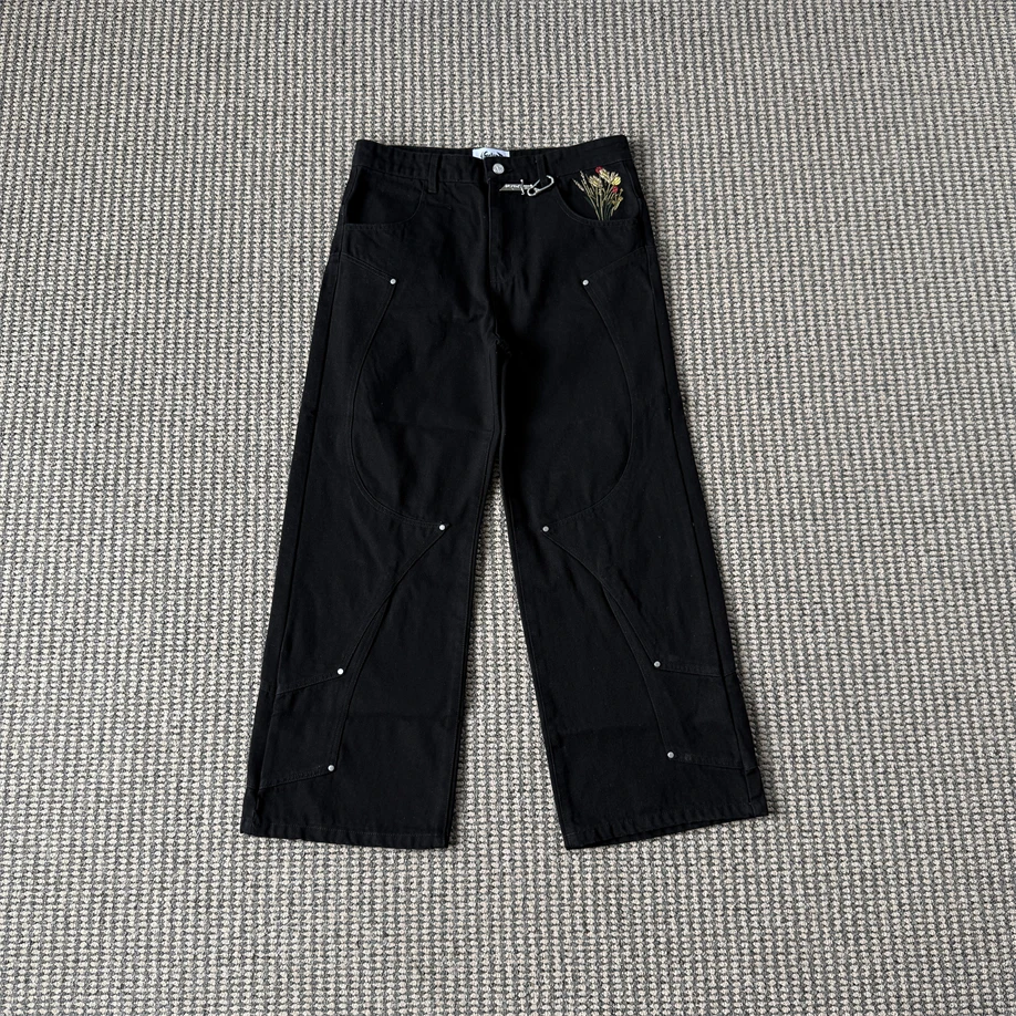 

Мужские джинсы Vescartes с вышивкой рыцарей и цветов, широкие брюки в стиле High Street, джинсы с вышивкой и завышенной талией