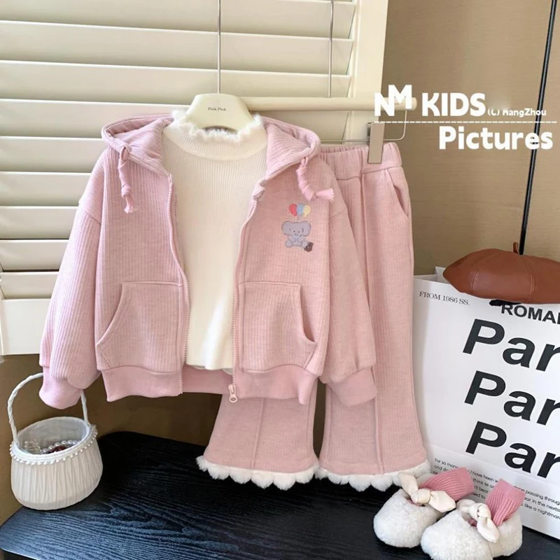 IYEAL Spring and Autumn Girls Casual Zipper Sportswear Set 2026 New Fashion Korean Version Cartoon Hoodie + Bellbottom Pants