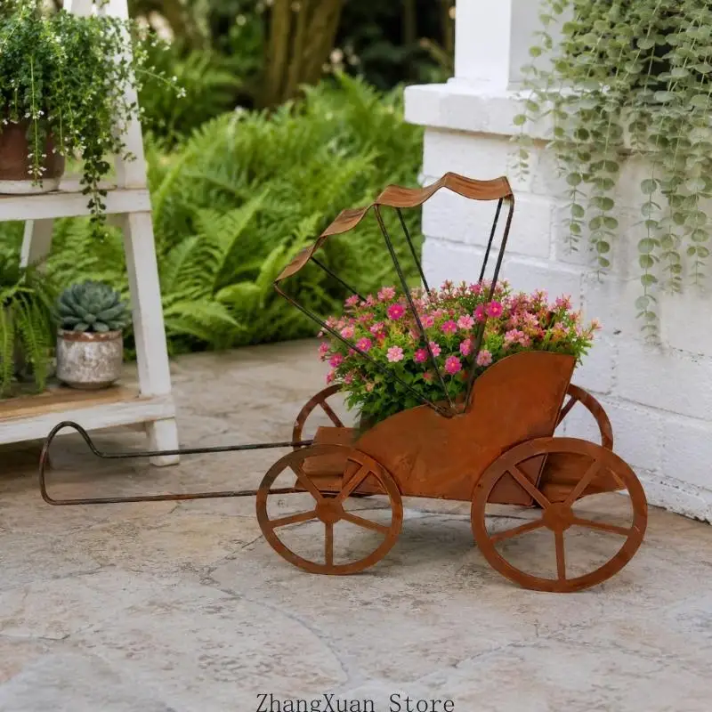 Rostiger Metall-Rikscha-Blumentopfwagen für Balkon, Eingangsdisplay, 3 x – Detail 10