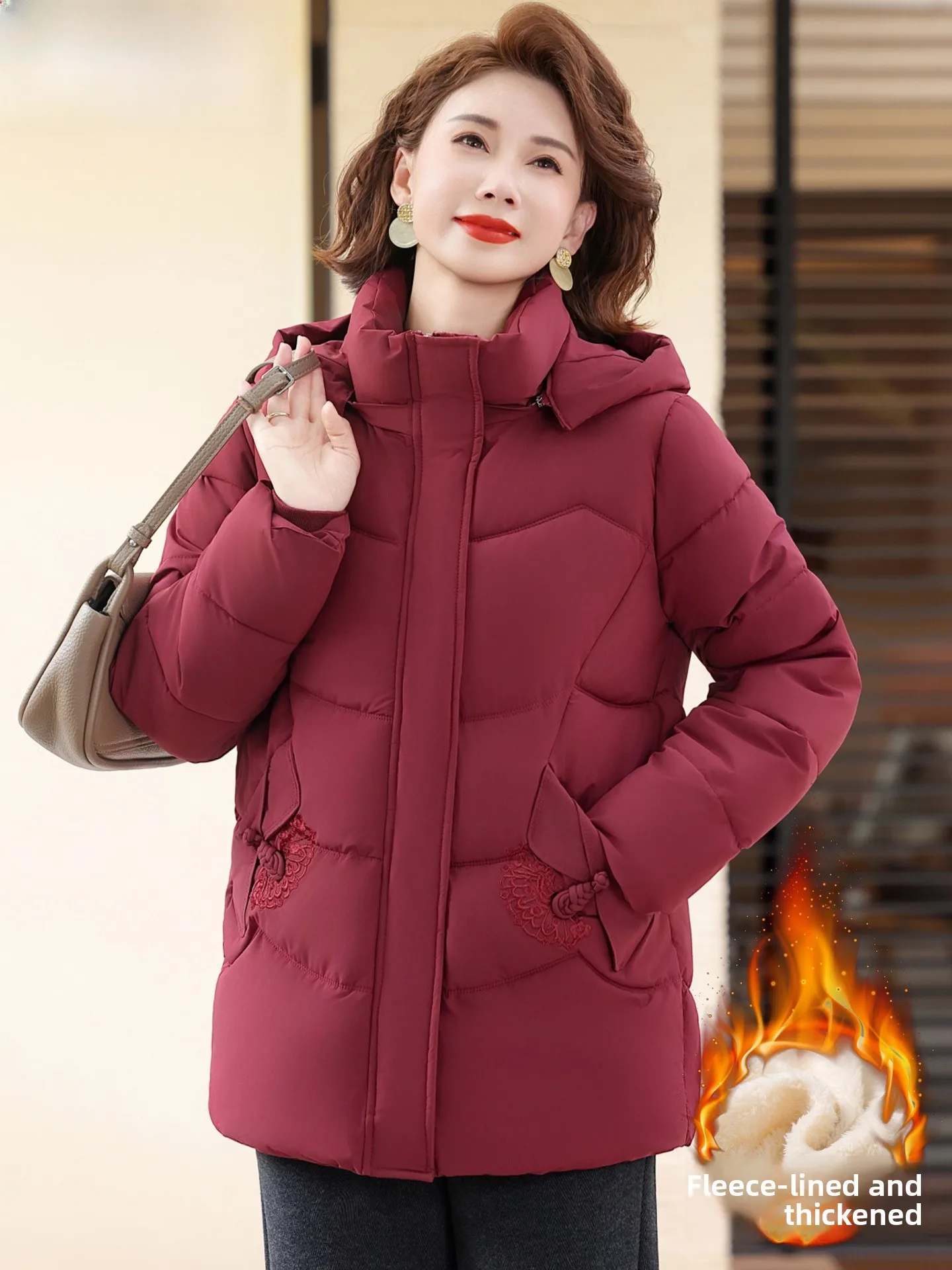

Sli Winter Cotton Jaet for Women with Fce Warmth Stand Fit Hooded Coat Korean Faion Thiened Polyester Fiber