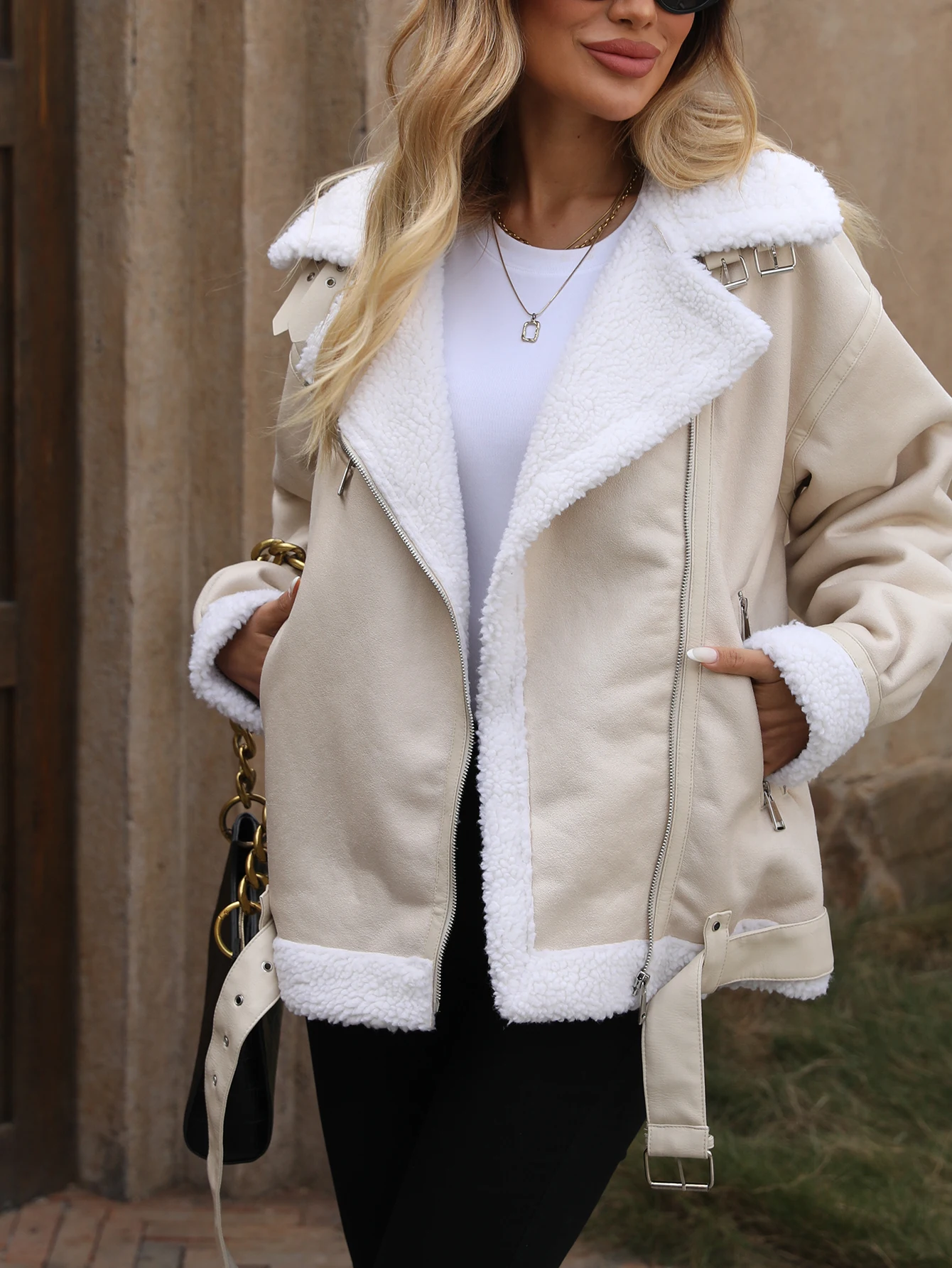 Winter dames faux scheren bontjas warme dikke bont gevoerde kunstleren jas