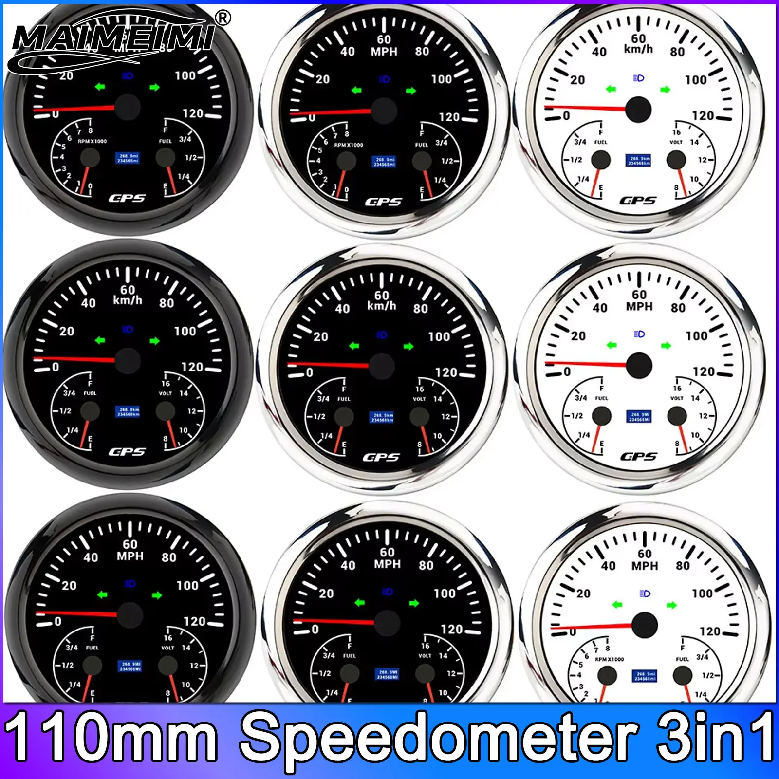 

110mm GPS Speedometer 120KMH 200KMH MPH 3 in 1 Multifunctional Tachometer 8K RPM Fuel Level Meter Voltmeter Car Boat Marine