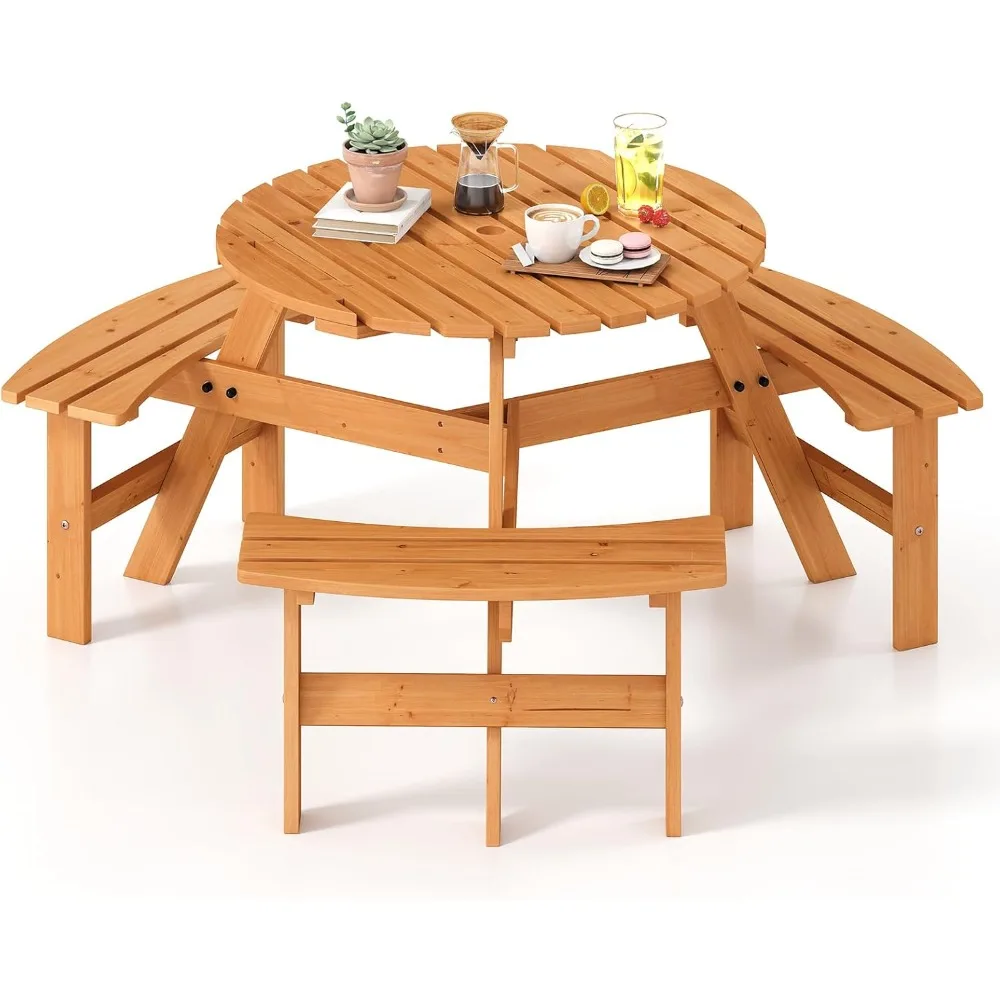 

6-Person Wood Picnic Table, Outdoor Round Table and Bench Set with 3 Built-in Benches, Umbrella Hole, Perfect for Outside, Pati