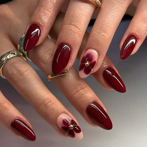 24pcs Women'S Nail Set Burgundy Almond Shape Medium Length Solid Color with Floral Golden Dust Design Fake Nails for Women/Girls