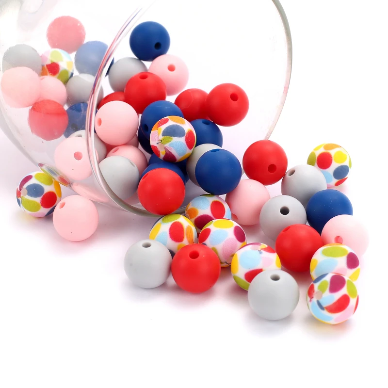 50Pcs 12mm Mixed Print Silicone Round Beads Sunflower Leopard Teething Beads for DIY Baby Pacifier Chain Clips Jewelry Making