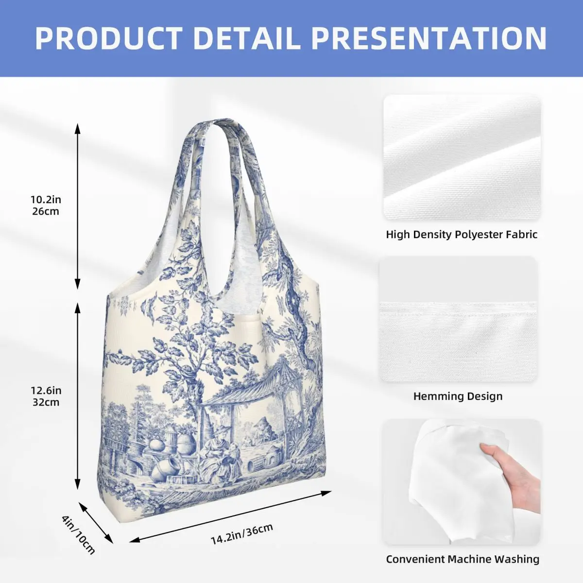 Custom Vintage Classic French Toile De Jouy Navy Blue Motif Pattern Shopping Tote Bag Reusable Canvas Shopper Shoulder Handbag