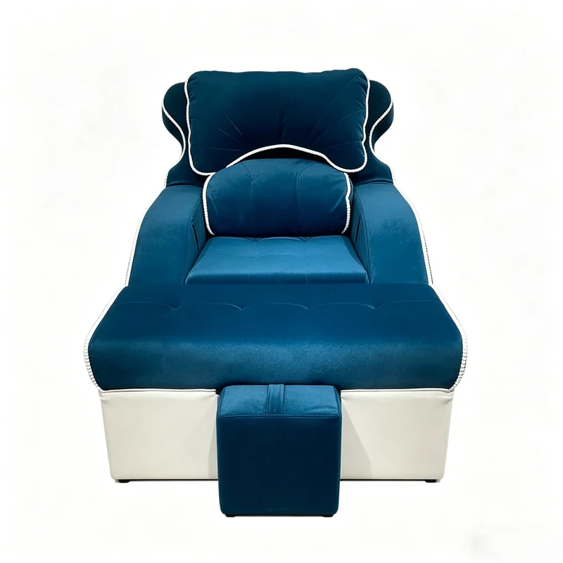2026 Luxury Blue Velvet Pedicure Chair, Split Reclining Design with Footrest, Ideal for High-end Nail Salons and Spas.