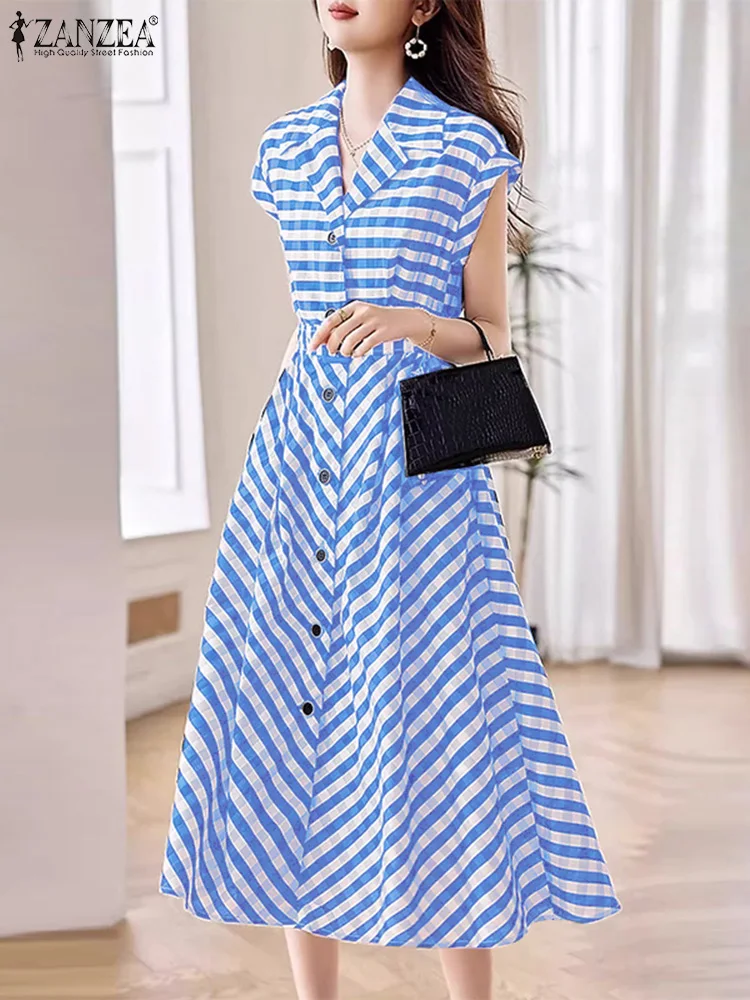 ZANZEA Women Korean Work A-line Midi Dress Fashion Office Stripes Shirt Dress 2024 Summer Elegant Lapel Collect Waist Vestidos