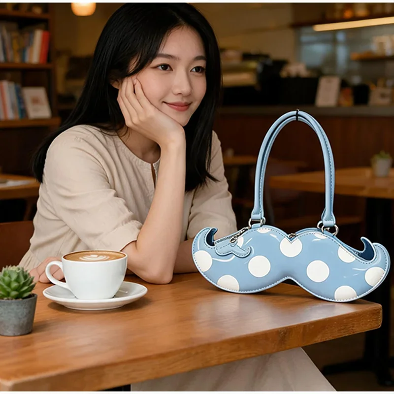 Mustache Shape Polka Dot Hobo Schultertasche, süße, niedliche, ausgefallene, kreative Handtasche für Damen, leichte Alltagstasche im Nischendesign – Detail 4