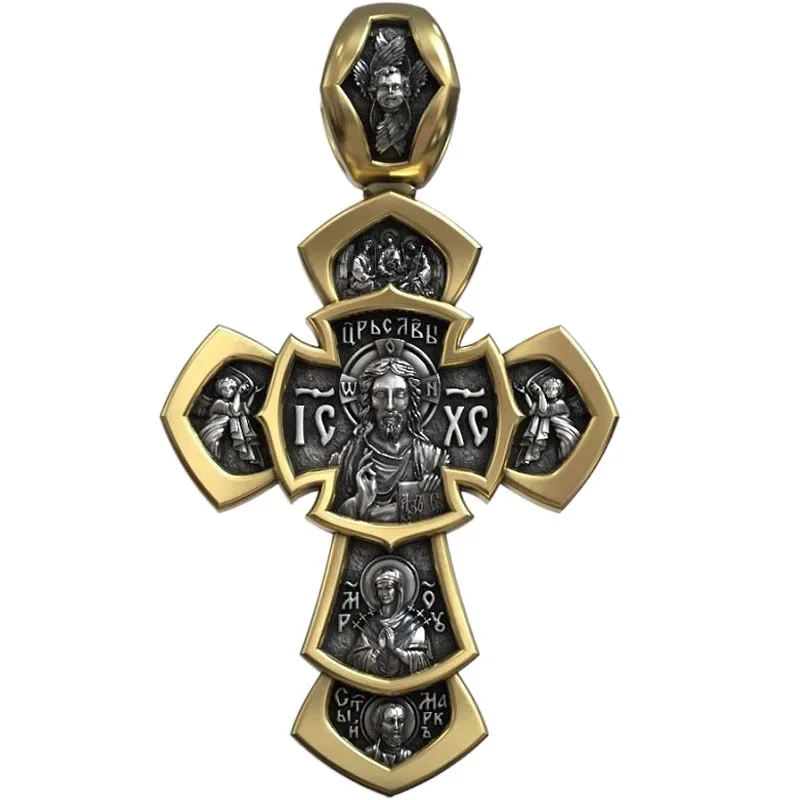 14g Jesus Christ Gilding Cross Saint George Victorious and Saints Religious Art Relief Customized 925 Solid Sterling Silver Pend