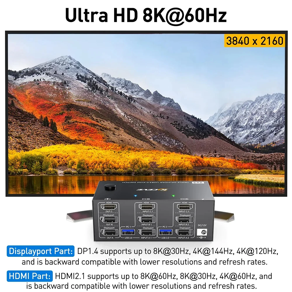 Triple Display KVM Switch, 2 Display Ports + HDMI USB KVM Switch 8K@60Hz,4K@144Hz3 Monitors 2 Computers KVM with 4 USB 3.0 Ports