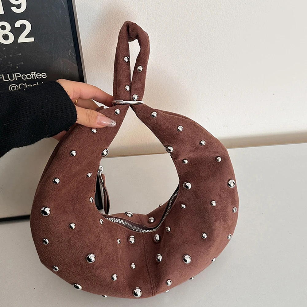 

Half Moon Studded Cloud Dumpling Bags for Women Faux Suede Handbags and Purses Rivet Shoulder Bag Croissant Crescent Bag Clutch