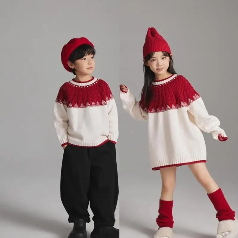 

Boys Girls Knitted Sweater Autumn Winter Warm Long Sleevd Tops Round Neck Base Layer Soft Pullover Christmas Children Clothes