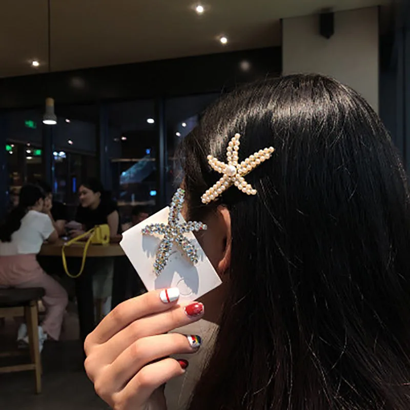 Korean Full Crystal Pearl Starfish Hairpin Headwear Fashion Hair Clip For Women Girls Party Hair Barrette Accessories Jewelry