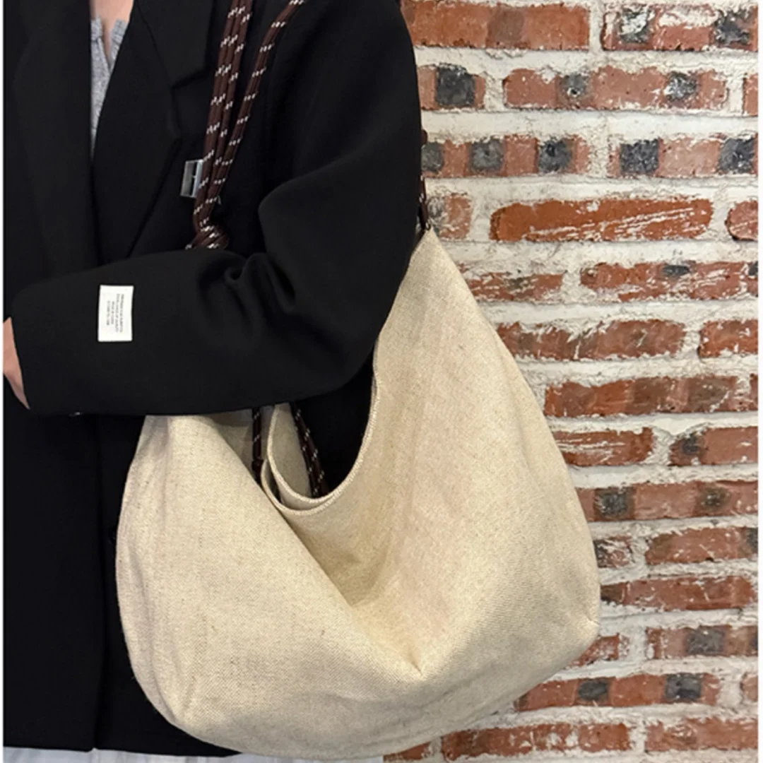Women Large Capacity Linen Cotton Tote Bag Knotted Rope Strap Hobo Shoulder Bag Soft Casual Handbag for Daily Shopping Commute