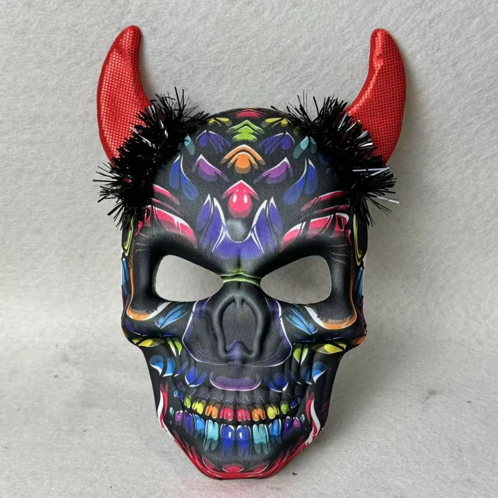 Halloween Skull Mask Devil Horns Sequin Face Cover Horror Demon Cosplay Headwear Party Costume Accessories Masquerade Props