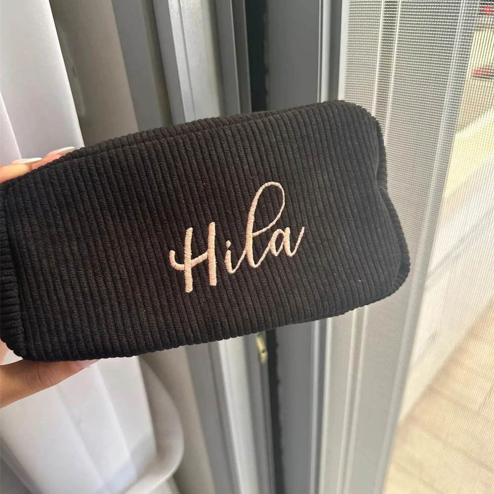 

Women's Corduroy Storage Bag Travel Wash Bag Personalized Name Cosmetic Bag Birthday Gift Toiletry Bags with Embroidered Name