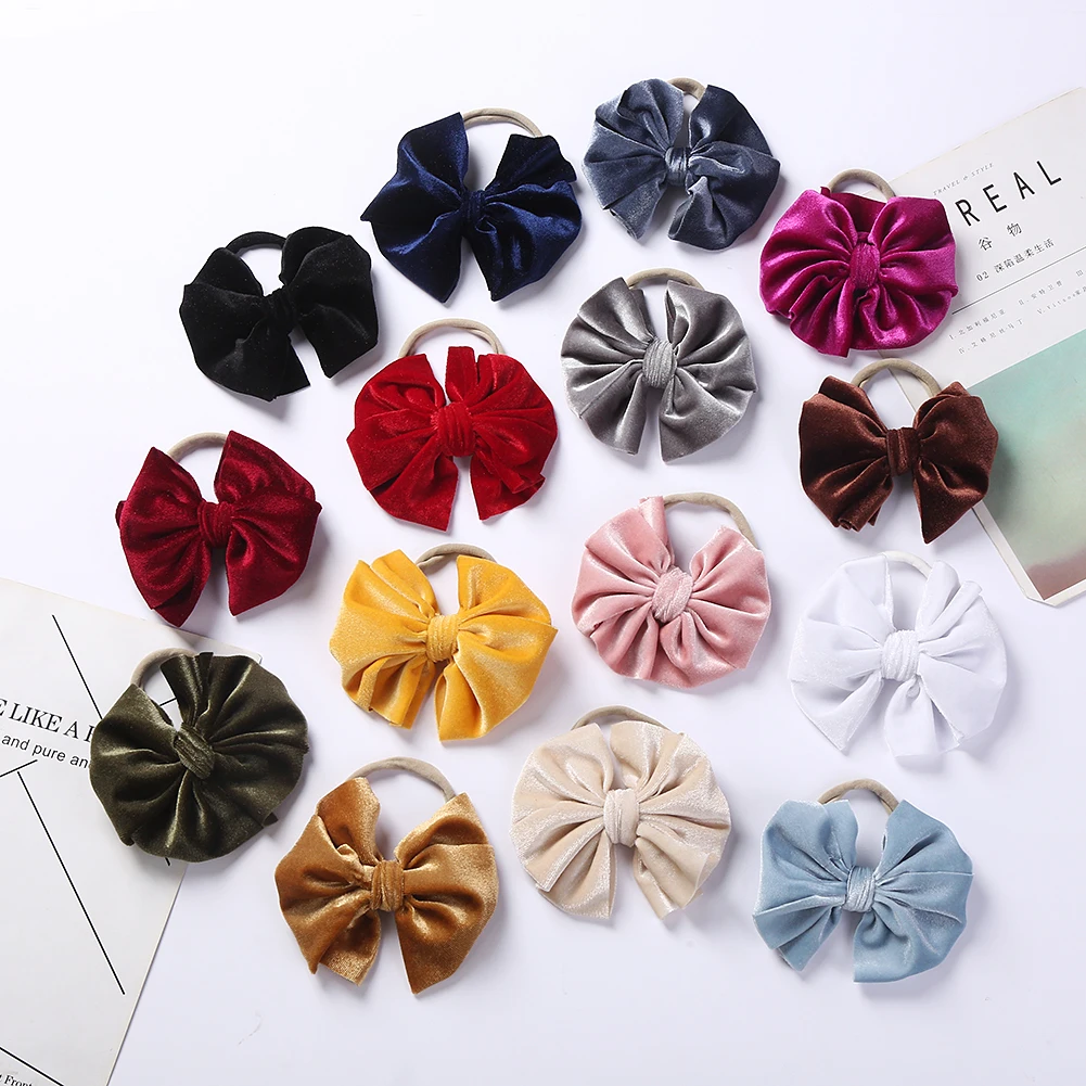 Sweet Korean Velvet Hair Scrunchies Solid Velour Elastic Nylon Bands for Baby Girl Fashion Bow Knot Headband Newborn Accessories