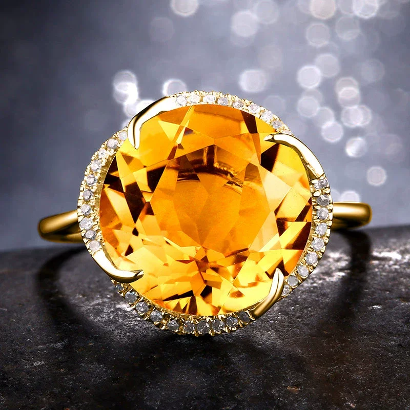 Natural Yellow Citrine Flower Adjustable Ring 925 Silver Woman Clear Round Bead 10x10mm Wealthy Citrine Stone AAAAA