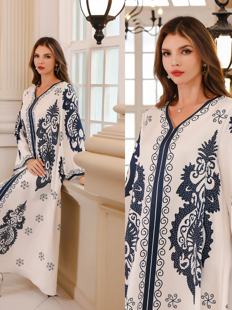 Modest Diamond Muslim Dress for Women Abaya Ramadan Turkey Kaftan Islamic Eid Print Robe Femme Jalabiya Caftan Morocco Vestidos