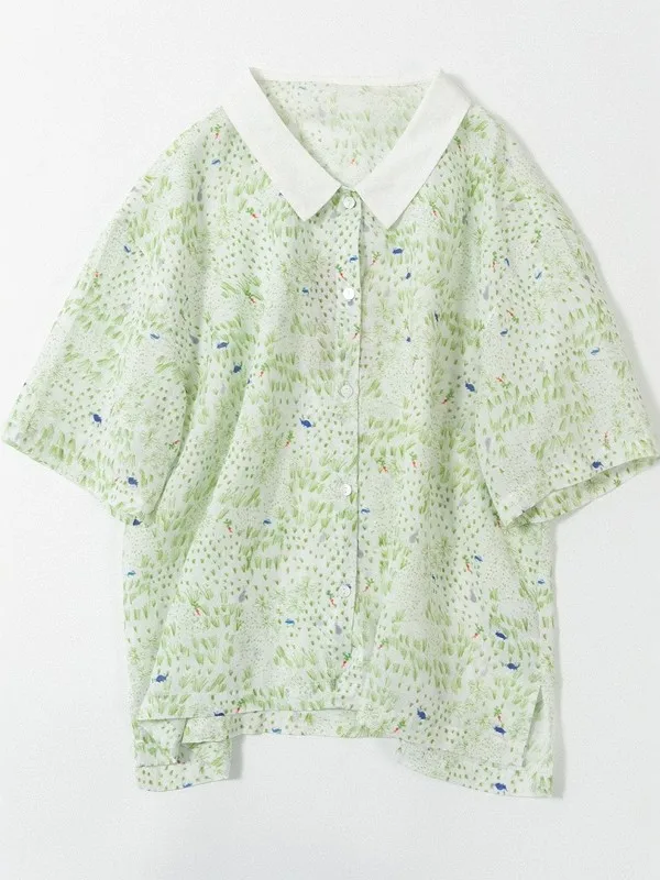 

High-End Japanese Style Color Block V-Neck Top Women's Artistic Loose Fit Short Sleeve Shirt Slimming Versatile Casual Shirt