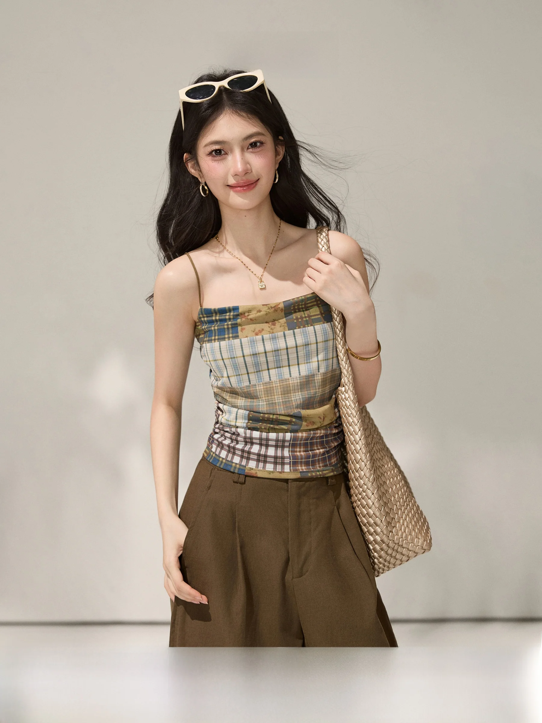 

Eastern Charm plus Size Women's Short Printed Mesh Tank Top Vintage Color Block Strap Vest Fashionable Slim Fit Summer Top