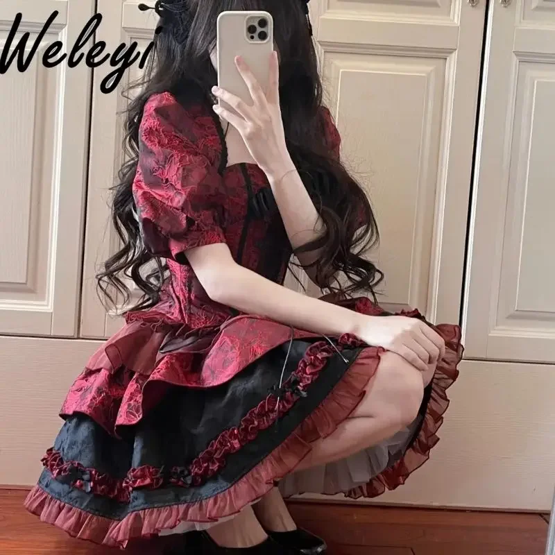 Escuro halloween lolita 3 peças conjunto doce vermelho jacquard bandagem arco banheira topo e curto magro manga bolha jaqueta bolo saia curta