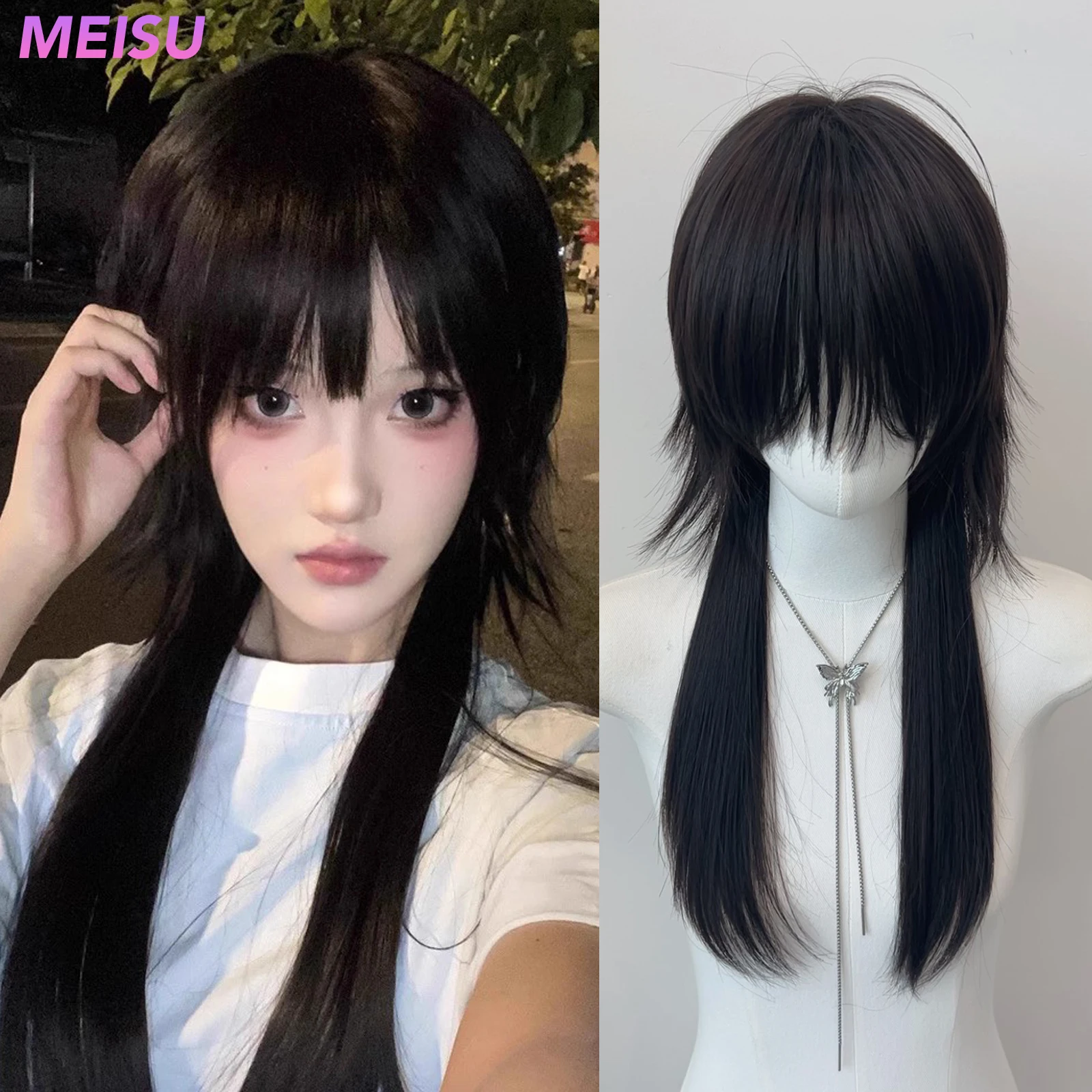 MEISU 24 インチ合成ストレートウィッグエアバングヘアブラック耐熱ナチュラルでスムーズな日常着用女性用