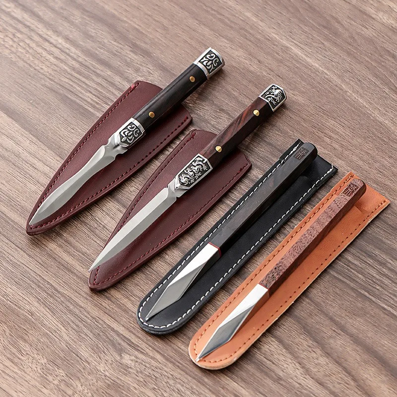 Vintage Engraved Tea Knife with Leather Sheath Portable Handcrafted Tea Accessory for Puer Tea Lovers Solid Wood Handle