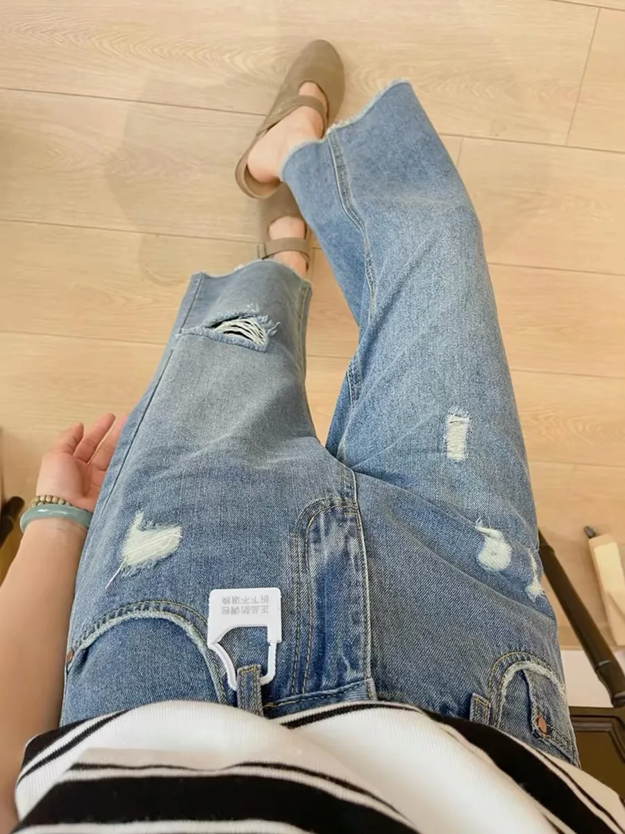 

Retro High Waist Wide Leg Jeans Women's Summer Thin Small plus Size Loose Slimming Nine Point Straight Cut Denim Pants