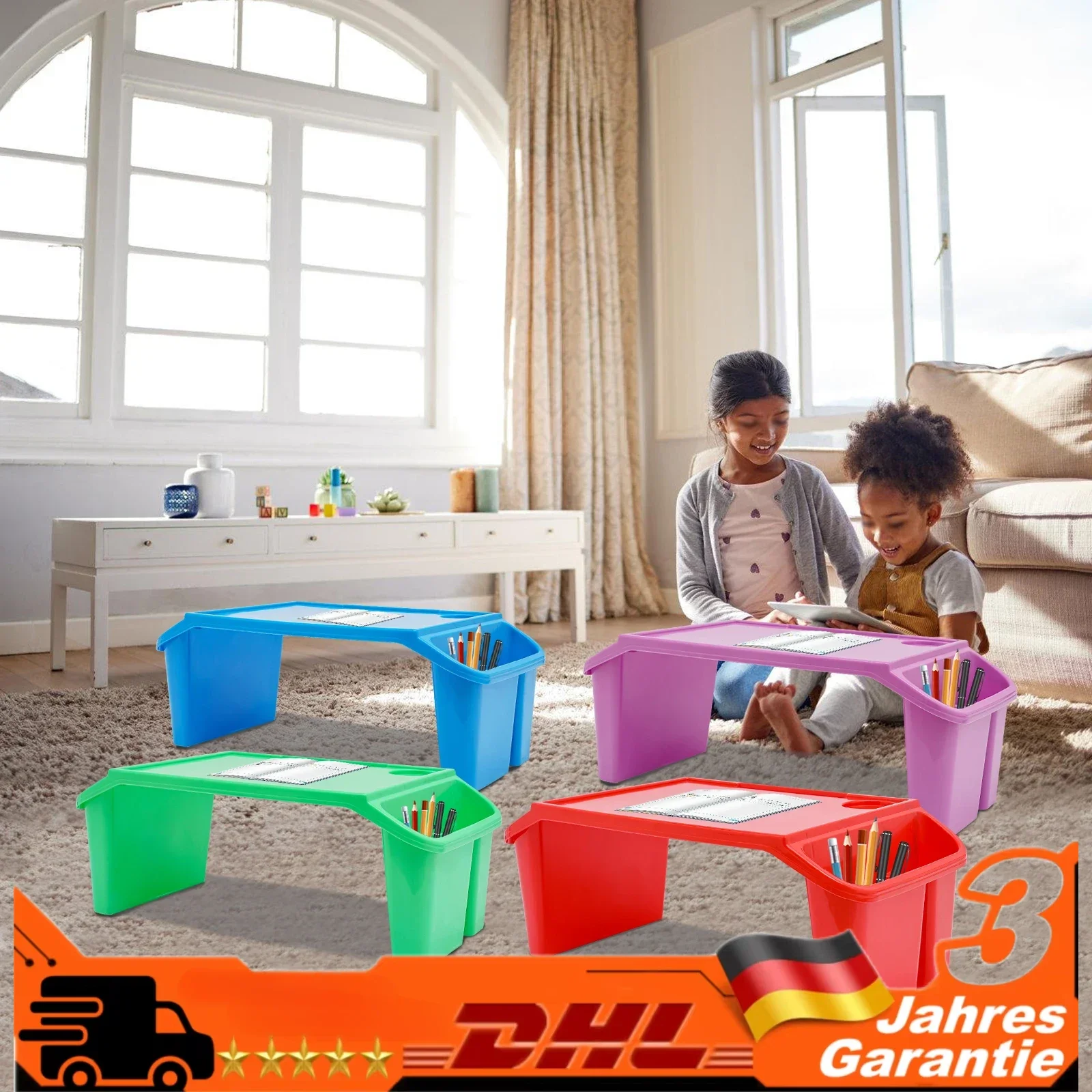 

Bymaocar 4pcs Plastic Kids Lap Breakfast Desk Tray with Side Pockets, Portable Regular Dining Bed Table Reading Stand Kid's Desk