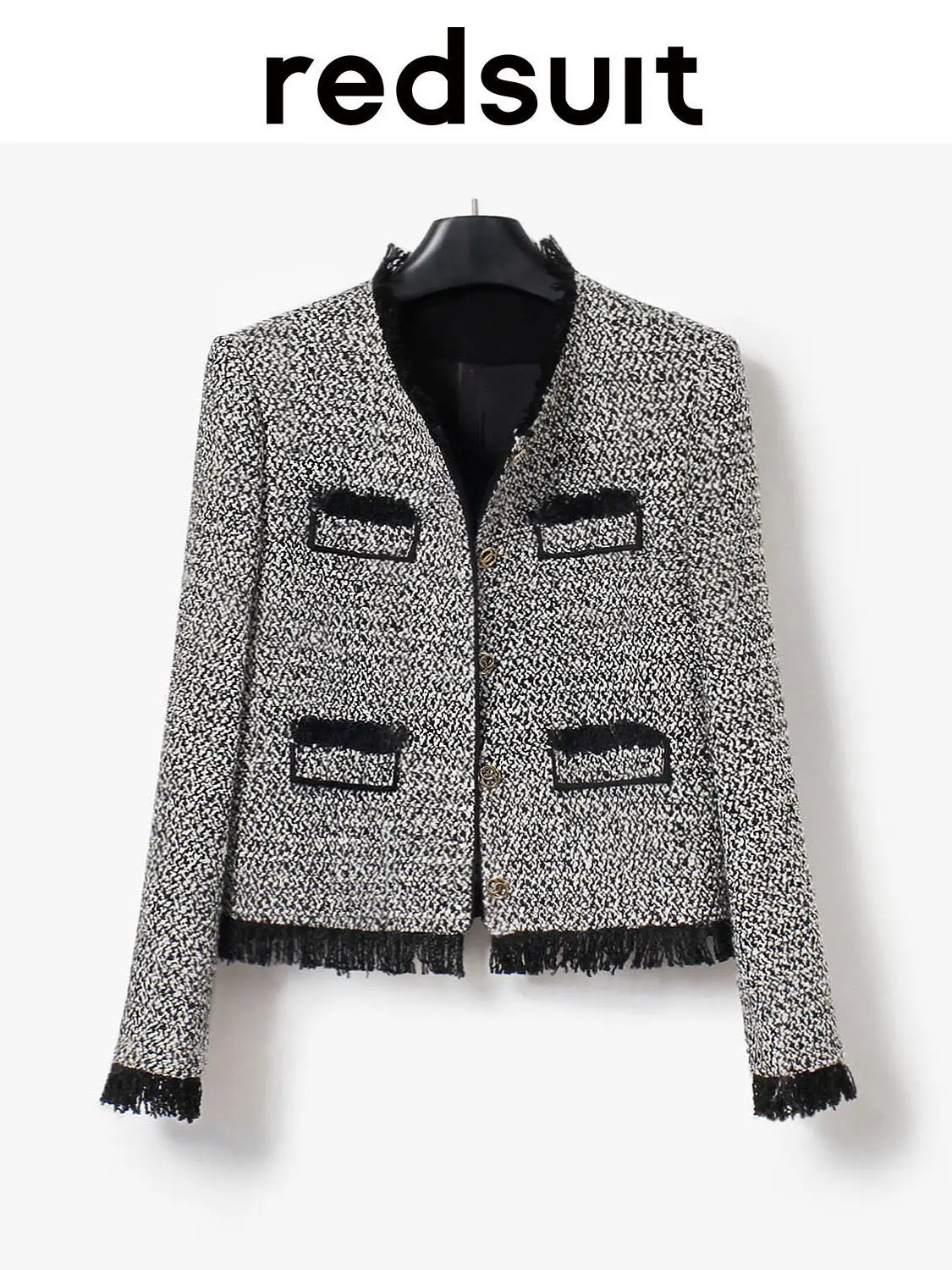 New High cut black  white coarse woolen handmade tassel gold button jacket with  slimming look   Custom size