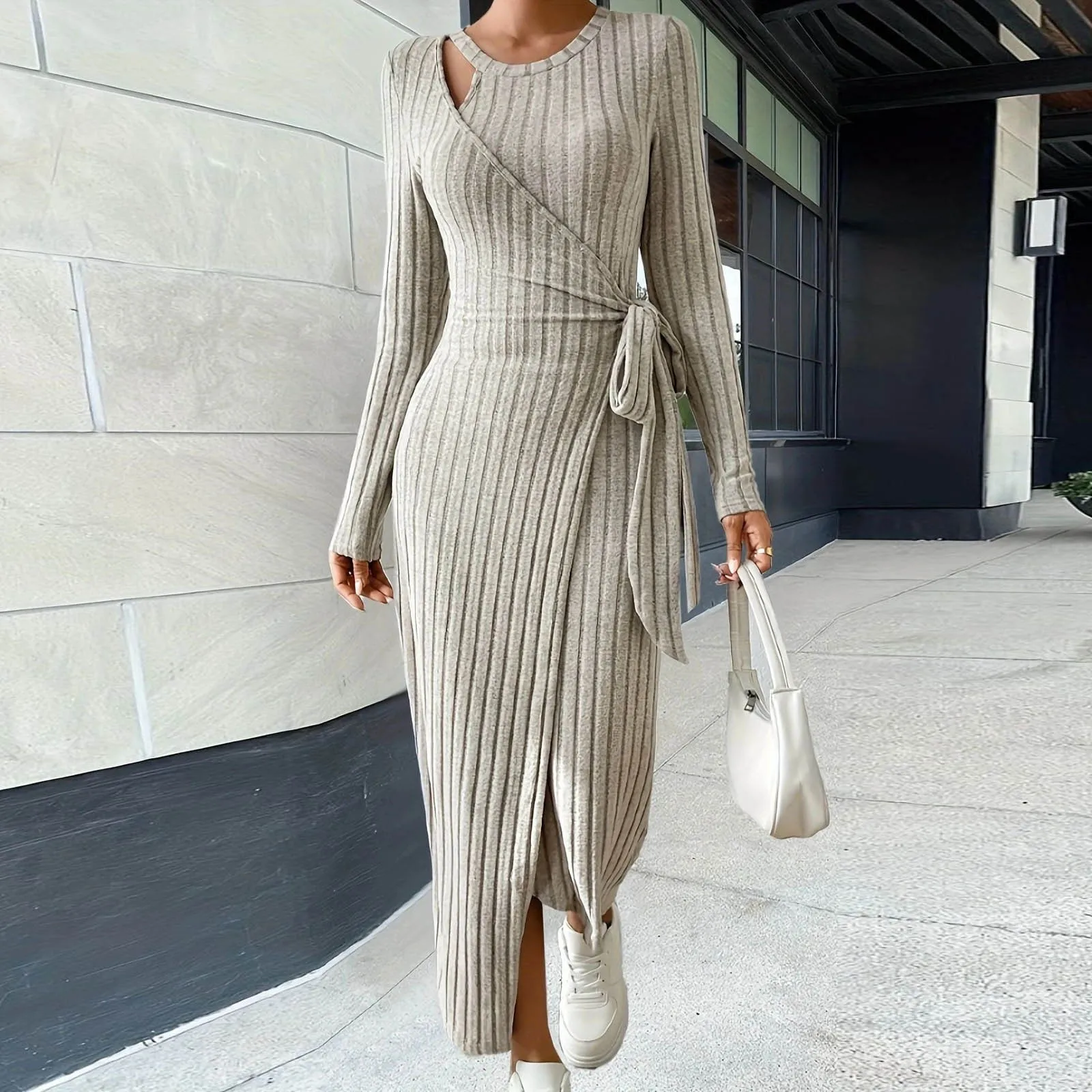 Women Knit Maxi Dress Warm Knitted Jacquard Robe Casual Long Sleeved Round Neck Side Slit Sweater Dress Slim Fit Streetwear