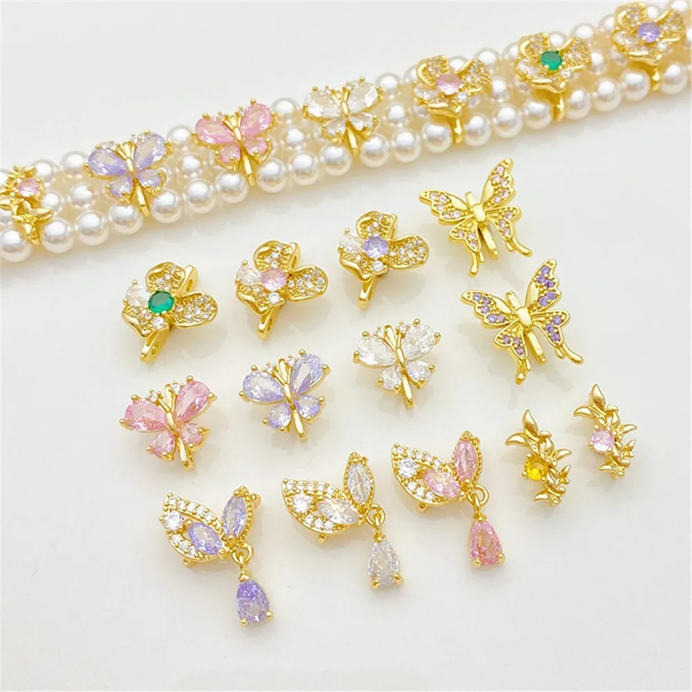 

14K Bag Gold Color Zirconium Butterfly Flower Double Row Three Row Bead Spacer DIY String Pearl Bracelet Necklace Accessories