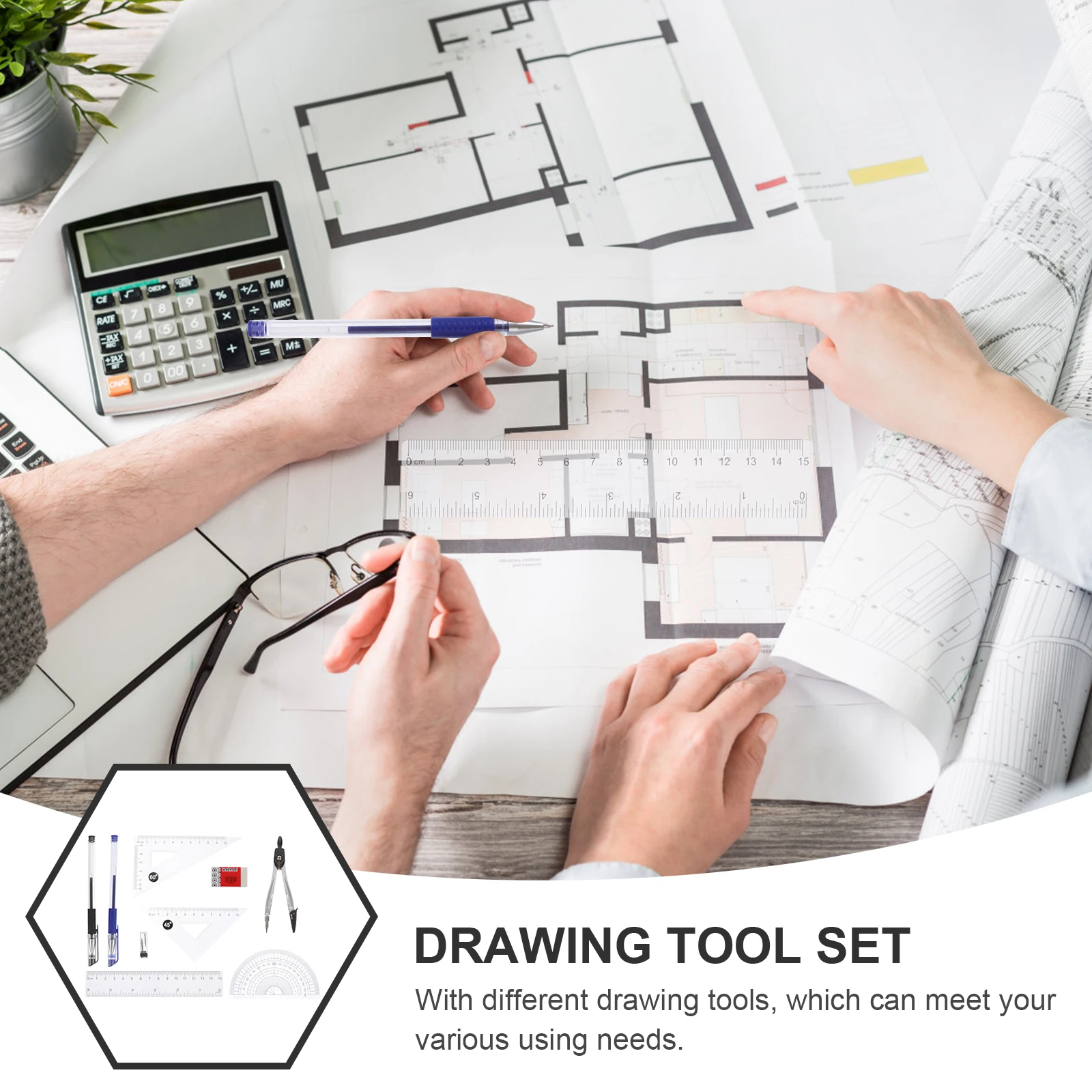 

2 Sets Professional Drawing Compasses Ruler Supplies Drafting Tools Engineering Geometry Kit Eraser Triangle Ruler Stationery