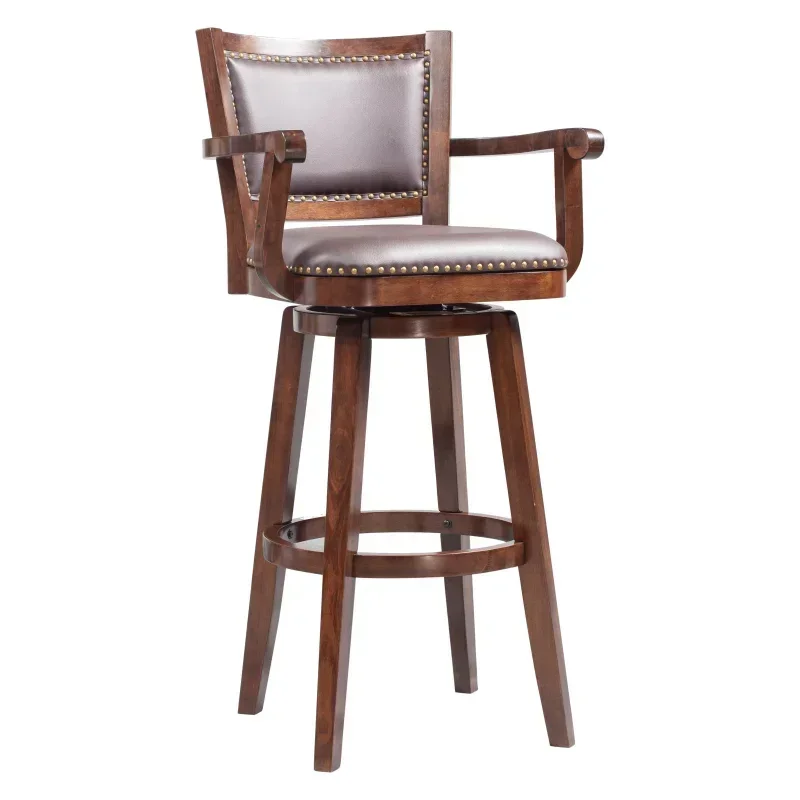 High Back Swivel Wood Bar Stool com braços, acabamento Cappuccino, bancada para cozinha, altura extra de barra alta, 34"